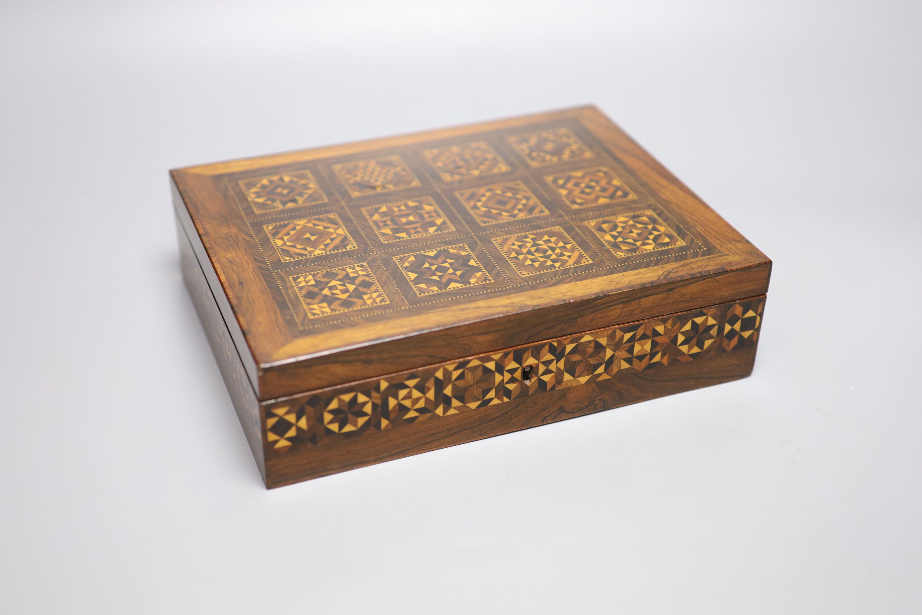 A Tunbridgeware rosewood and half square mosaic games box, c.1840, 24.5cm